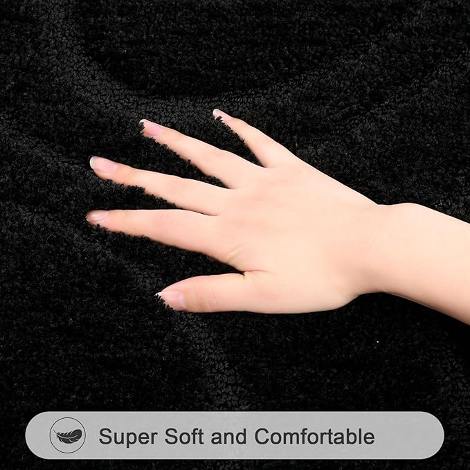 HEBE Bathroom Rugs Sets 5 Piece, Soft Absorbent Microfiber Bath Mat for Bathroom, Non Slip Washable Bath Rug Set with Toilet Cover, Bath Runner and U-Shaped Contour Toilet Rug, Black