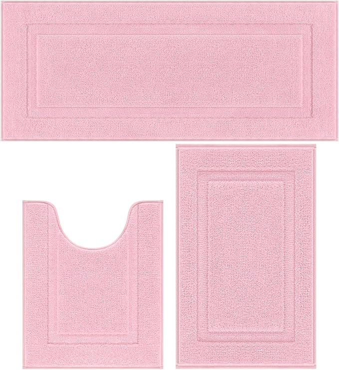 SHACOS Pink Bathroom Rugs Sets 3 Piece, 20"x47" + 20"x32" Non Slip Bath Mat and 20"x24" Toilet Rugs U Shaped Washable, Soft Fluffy Water Absorbent Bathroom Floor Mat