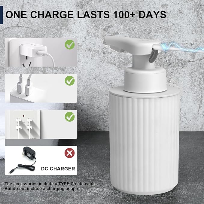 Automatic Soap Dispenser Foaming Touchless: 9oz White Plastic - Rechargeable Electric Smart Auto Foam Soap Dispenser - Hand Dish Bathroom Kitchen