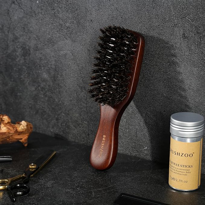 Beard Brush for Men Smooths Softens Beard and Exfoliates Skin and Scalp, 100% Boar Bristle Hair Brush for Beard & Short Hair Detangle add Natural Shine