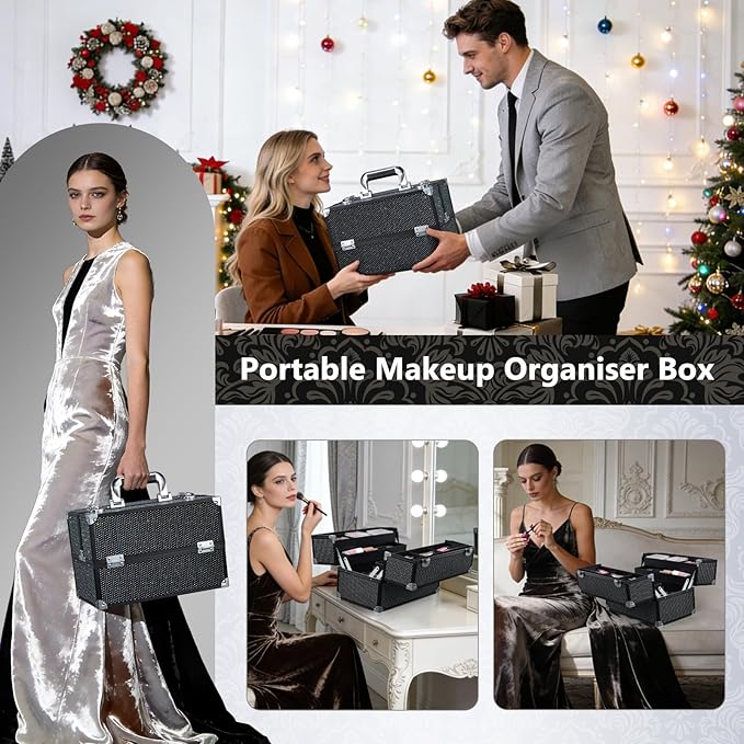 Stagiant 12.6 Inch Large Makeup Train Case, Professional 4 Trays Cosmetic Cases Makeup Storage Organizer Box Beauty Make Up Box with Lock&Adjustable Compartments for Nail, Accessories, Skincare, Black