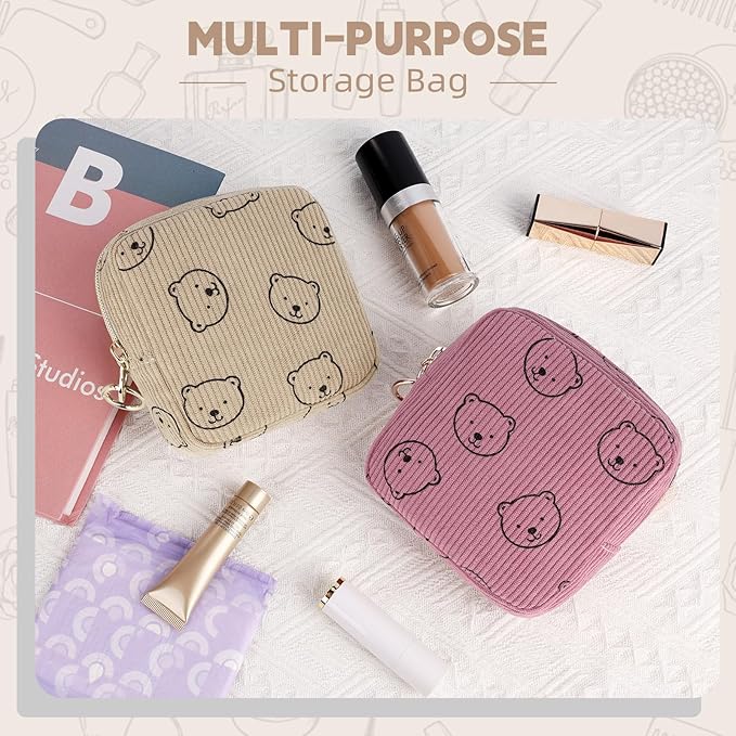Period Bag for Teen Girls, Corduroy Sanitary Napkin Storage Bag, Menstrual Pad Pouches Tampon Holder for Purse (Bears-Pink)