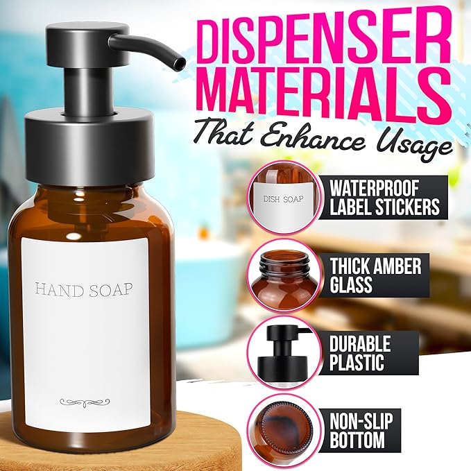 2Pcs Amber Glass Foaming Soap Dispenser - 8.5 oz Amber Glass Soap Dispenser with Pump, Compatible with Hand Soap, Dish Soap, Shampoo and Gel, Durable, Stylish & Refillable for Bathroom and Kitchen