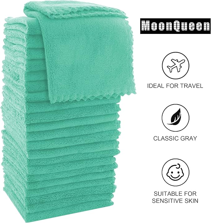 MOONQUEEN Ultra Soft Premium Washcloths Set - 12 x 12 inches - 24 Pack - Quick Drying - Highly Absorbent Coral Velvet Bathroom Wash Clothes - Use as Bath, Spa, Facial, Fingertip Towel (Aqua Green)