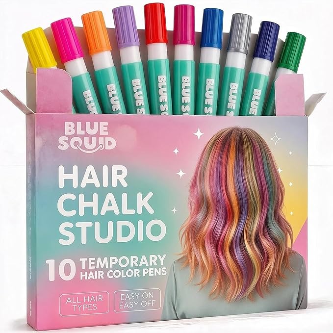 Blue Squid Hair Chalk for Girls Pens – 10 Vibrant Temporary Hair Color for Kids - Ideal Christmas, Birthday Gifts for Girls & Teens - Kid Safe, Washable Hair Dye for Ages 6 7 8 9 10 11 12