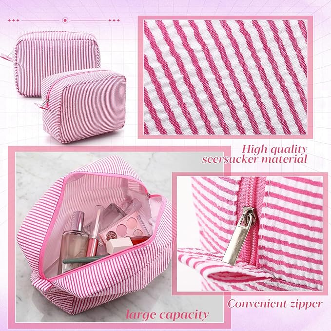 Sanwuta 9 Pcs Seersucker Cosmetic Bag Bulk Pinstripe Makeup Bag for Women Aesthetic Cute Travel Toiletry Organizer Preppy Storage Pouch for Wedding Bridesmaid Christmas Gift (Large, Pink)