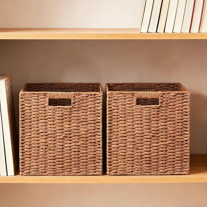UBBCARE 3 Pack Wicker Basket, 11L×11H×10.5W inch Woven Paper Rope Storage Baskets for shelves, Foldable Cube Storage bin with Handle, Storage Basket for Organizing & Decor,Caramel