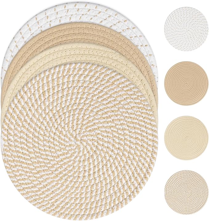 SHACOS 10 Inches Trivets for Hot Dishes, 4 Pieces Cotton Trivets Mats for Kitchen, Hot Pads for Countertops and Table, Heat-Resistant Pot Holders for Hot Pots and Pans(Khaki, 4pcs)