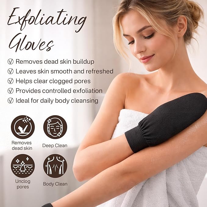 Exfoliating Gloves 2 Pcs, Korean Exfoliating Mitts, Body Scrub for Dead Skin Remover, Exfoliating Body Scrubber for Bath Shower, Body Exfoliator Scrubber, Moroccan Exfoliate Glove, Women Men (Black)