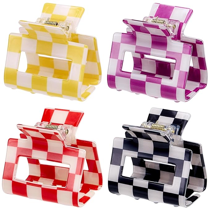 SINIDE Checkered Hair Claw Clips Set, Rectangle Bright Multicolored Square Checker Barrettes for Women Ladies Non Slip Jaw Clip Strong Hold Accessories Acrylic Claw Clamps for Thin Thick Hair (4 Pack)
