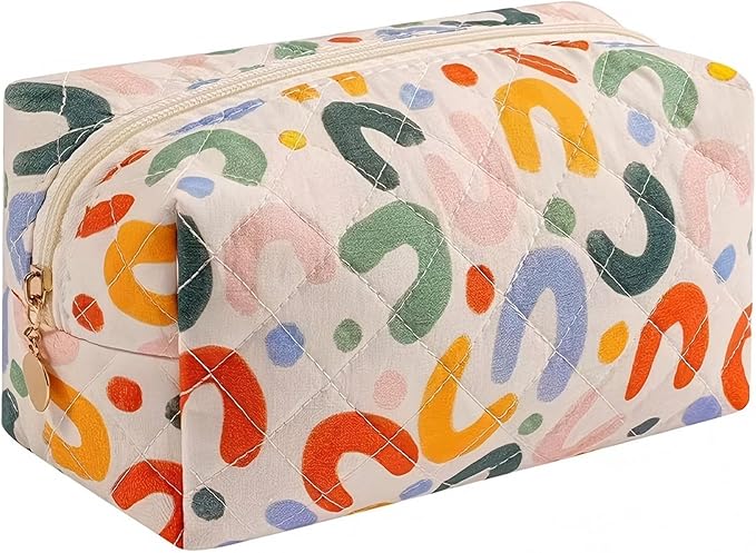 Floral Quilted Cotton Makeup Bag for Women, Large Capacity Travel Cosmetic Pouch with Zipper, Cute Toiletry & Brush Organizer, Kawaii Makeup Storage Case – Colorful