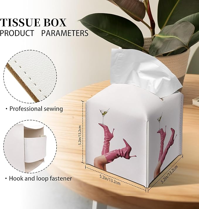 Grace Yonks Cute Tissue Box Cover Square - Pink High Heel Boots & Martini Glass Design 5.2" PU Leather Holder for Vanity, Desk, or Bathroom Counter - Cube Case for Facial Tissues(012)