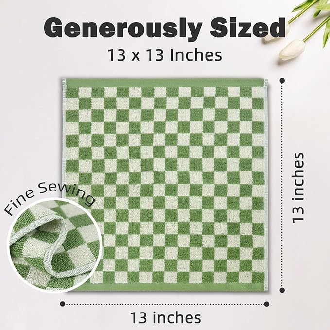 Jacquotha Wash Cloths Super Soft (Green Checkered), Wash Clothes 12 Pack Cotton Face Cloths for Washing Face Showering 13x13 Inches, Chrsitmas Gifts