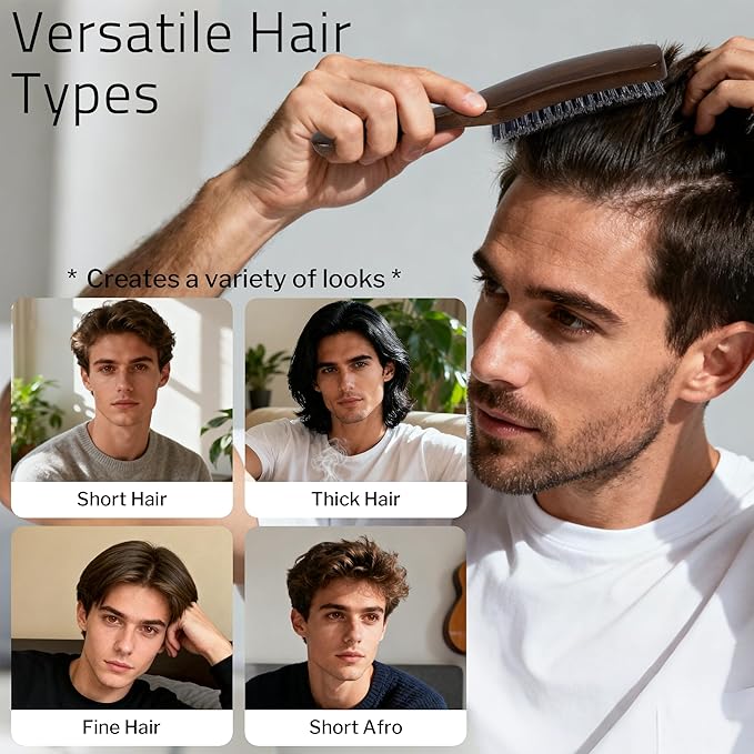 Hair Brush for Men, Mens Slick Back Hair Brush with Stiff Nylon Bristles & Wooden Walnut Handle for Thick & Fine Hair Smoothing, Detangling, Styling, Beard Straightens