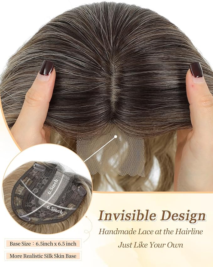 PANEWAY Hair Topper 16 Inch Synthetic Wavy Clip in Hair Piece for Women, Balayage Dark Brown Root to Blonde Ombre with Highlights, Natural Wiglet for Volume & Coverage