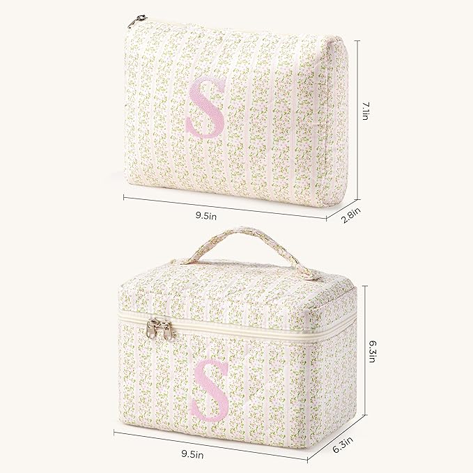HBselect 2Pcs Initial Quilted Makeup Bag, Pink Cosmetic Travel Toiletry Bag, Flowers Coquette Zipper Make Up Pouch Organizer Teen Girl Gift Trendy Stuff S