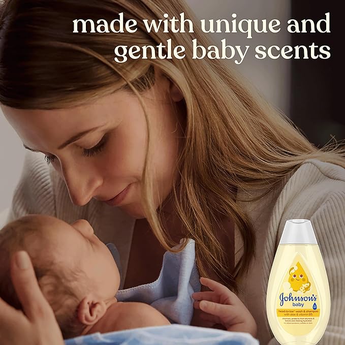 Johnson's Baby Head-To-Toe Baby Wash & Shampoo + Aloe & Vitamin B5, 2-in-1 Bath Wash Gently Cleanses Newborn's Delicate Skin & Hair, Hypoallergenic, No Added Parabens, Dyes & Sulfates, 13.6 fl. Oz