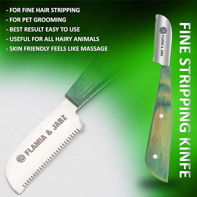 FLAMIA & JABZ FJ Professional Stripping Knife kit (6 pieces set) for Dogs & Pets, Wooden Handle Grip with Stainless Steel Blade (Right handed) (Green)