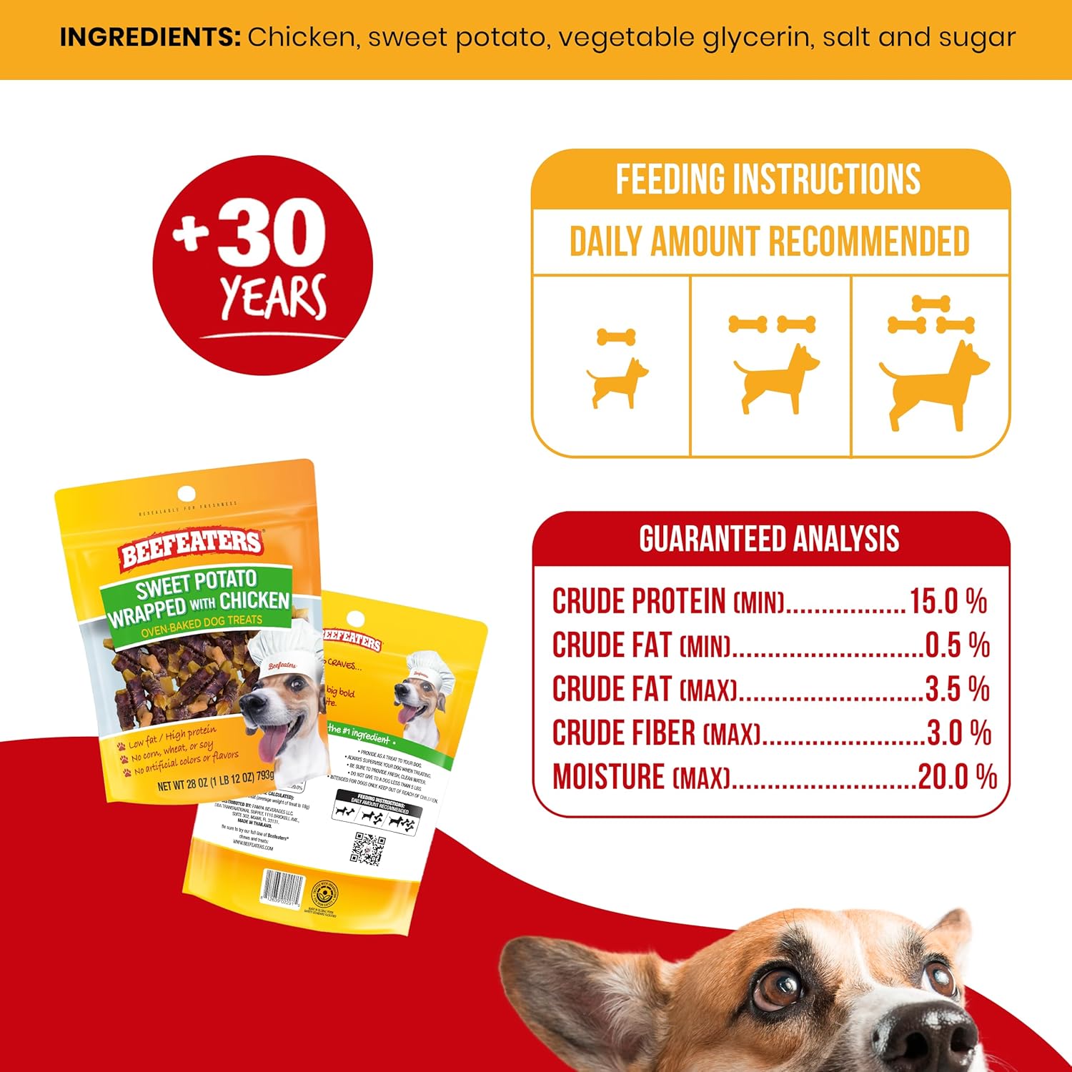 Beefeaters Sweet Potato Wrap with Chicken – Dog Treat. No Corn, Wheat, Soy or Gluten, Low Fat, Whole Muscle Jerky, Ideal for Training & Snacks