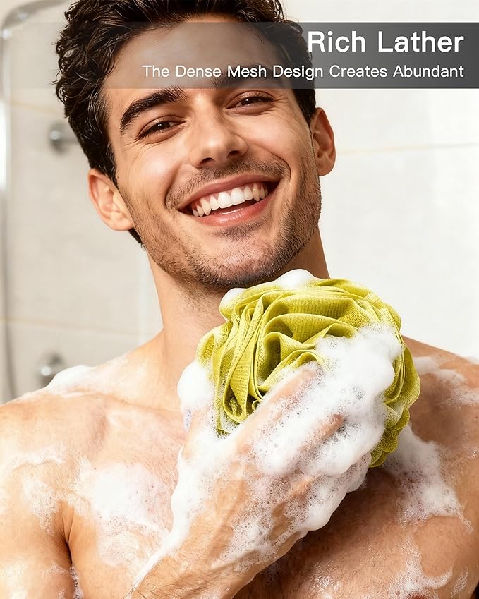 Loofah Sponge 70g, 6.3 Inch Large Exfoliating Bath Sponge, Soft Durable PE Mesh with Reinforced Knotting, Rich Lather Bath Scrubber for Body, for Travel or as a Holiday Gift (4Pack, Green, Red, Blue)