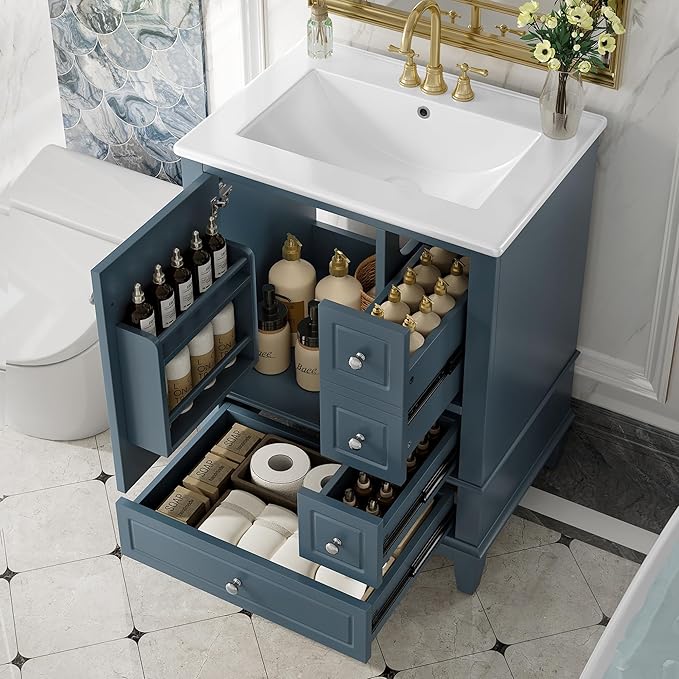 24" Bathroom Vanity with Sink, Harper & Bright Designs Free Standing Single Vanity Set with 3 Drawers and One Door with Storage Racks, Wooden Storage Cabinet with Ceramic Basin for Bathroom, Blue Grey