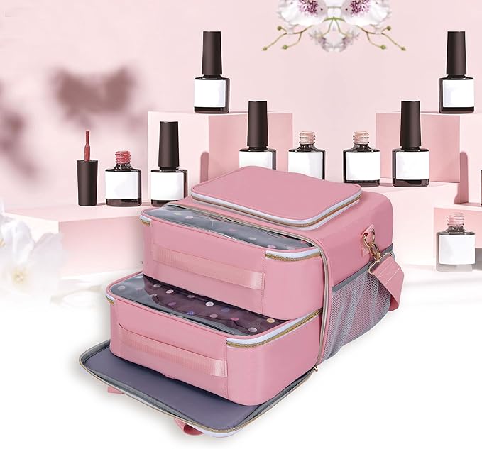Nail Polish Organizer Holds 80 Bottles, with Two Removable Case, Portable Travel Nail Kit Storage Bag for Manicurist, Nail Art Enthusiasts,Pink
