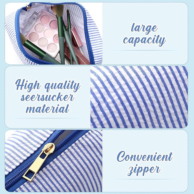 Sanwuta 12 Pcs Seersucker Cosmetic Bags Bulk Seersucker Makeup Bags Stripe Women Pouch Large Preppy Storage Pouch Toiletry Travel Organizer for Wedding Bridesmaid Bride Favor Mom Gift (Blue)
