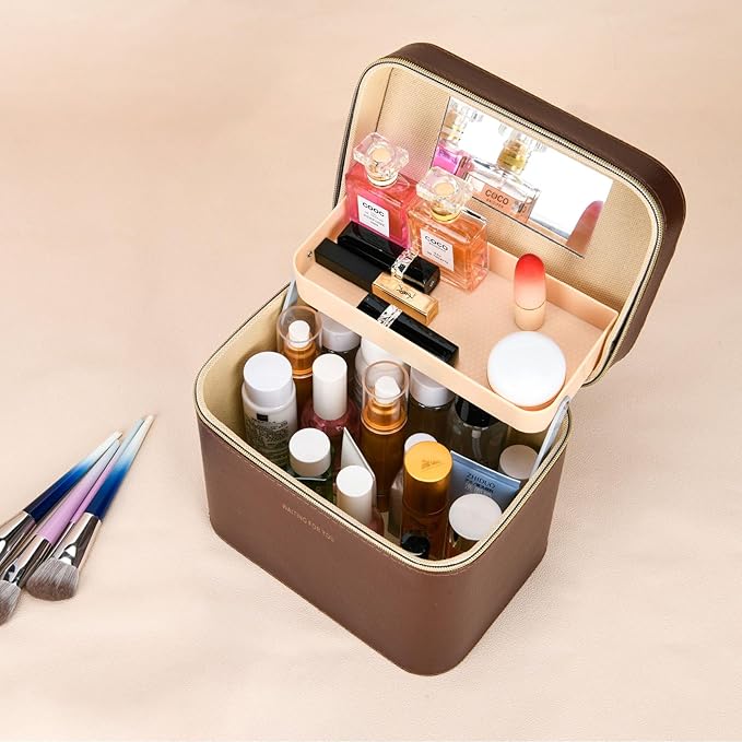 Fashion makeup box, Portable leather hard cosmetic case with mirror, Sturdy train case make up box for women adults. (Double- yellow)