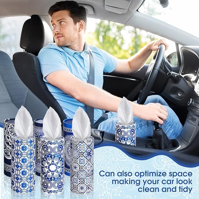 Outus 12 Pcs Mandala Car Tissues Cylinder Holder with 3 Ply Facial Tissue Bulk Round Tissue Holder Travel Tissues Boxes Container for Car Cup Wedding Birthday Party