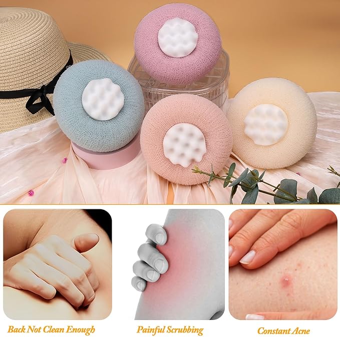 4Pcs New Upgrade 2-in-1 Sunflower Bath Ball, Ultra Soft Bath Sponge Cleaning Brush, Suction Cup Bath Ball with Finger Rings,Exfoliating Shower Loofah Sponges(Pink+Blue-Green+Beige+Purple)