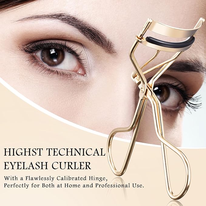 Pro Eyelash Curler – No Pinching, Hypoallergenic Rubber Pad for Perfect Curves, Painless & Gentle, Fits All Eye Types – Compact Travel-Friendly Design with Case (Gold)