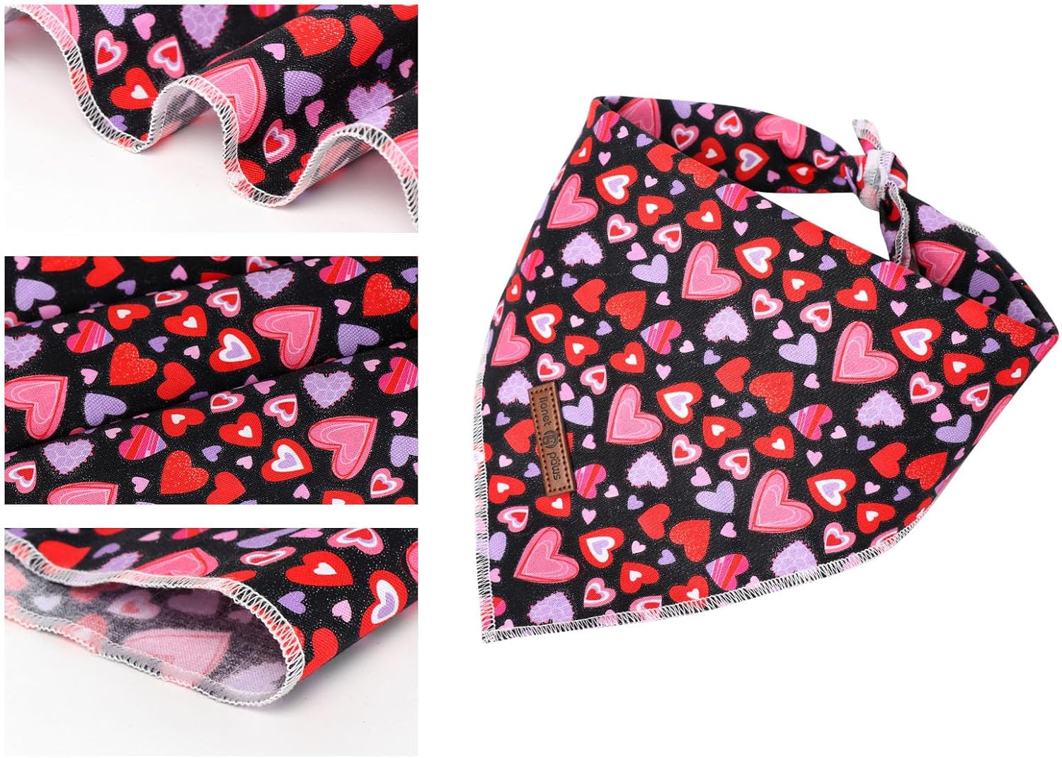 Lionet Paws Valentine Dog Bandana for Small Medium Dogs,Pink Hearts Black Kerchief Washable Dog Triangle Bibs Scarf for Girl or Boy Gift