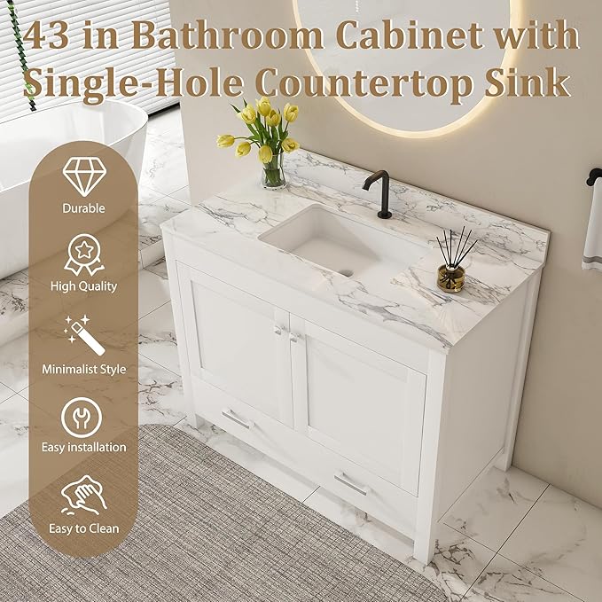 Montary 42" Bathroom Vanity with 43" Sintered Stone Carrara White Top, Modern Stylish MDF Bathroom Storage Cabinet, Vanity Set with 2 Doors and One Large Divided Drawer, White (Single Hole)
