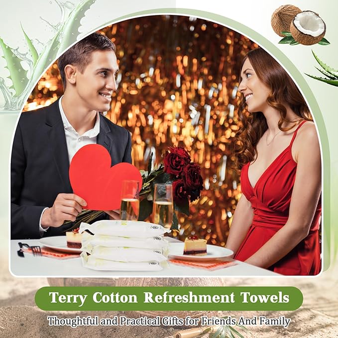 Timgle 50 Pcs Moist Towelettes Individually Wrapped Scented Disposable Face Towels Essential Oil Infused Moist Terry Cotton Towel for Use Hot or Cold Travel Body Spa (Aloe Vera, Coconut)