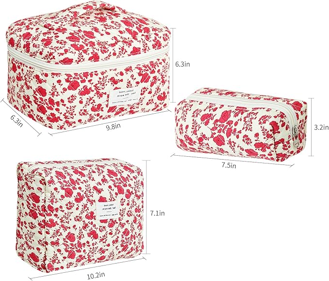 3Pcs Makeup Bag Cotton Quilted Travel Cosmetic Bag Cute Floral Makeup Pouch Large Toiletry Bag for Women Girls