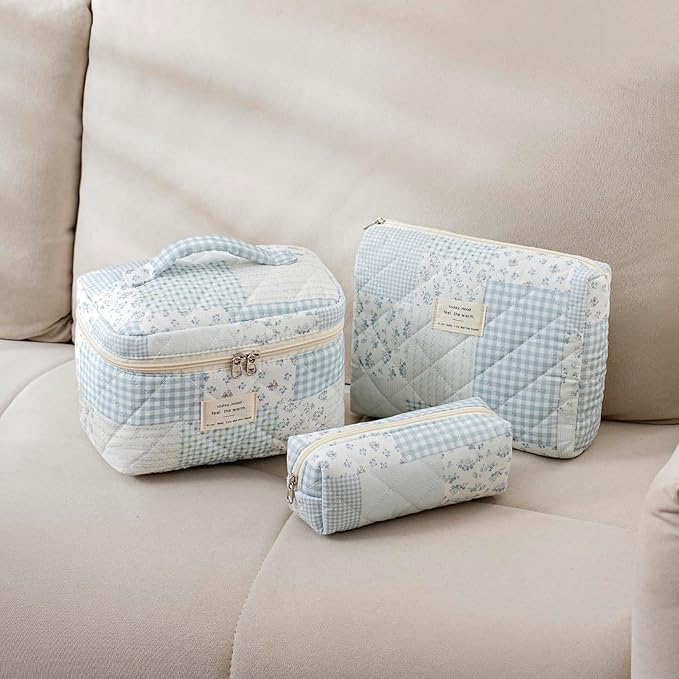 uekeboag 3Pcs Quilted Cotton Makeup Bag,Coquette Quilted Toiletry Bag for Women and Girls,Floral Coquette Pouch,Cute Kawaii Travel Cosmetic Bags(3Pcs Bluepatchwork)