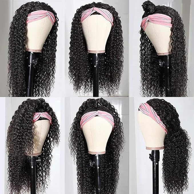 Aiterina Headband Wig Deep Wave Human Hair Virgin Hair Wigs 14 Inch None Lace Front Wigs for Black Women Deep Wave Machine Made Wig Natural Color