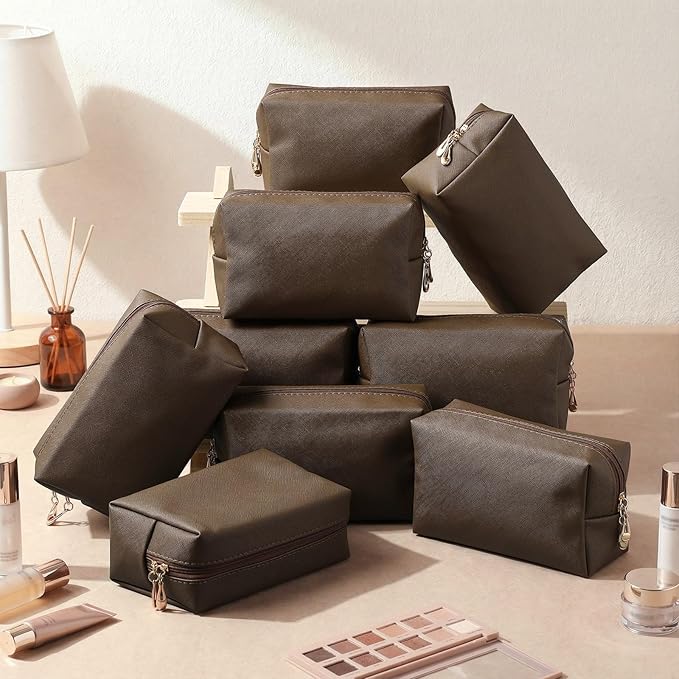 Kigeli 15 Pcs Aesthetic Makeup Bags PU Leather Cosmetic Pouches Waterproof Plain Toiletry Bags Makeup Pouches Bulk for Women Party Gift Travel Storage Organizer(Coffee)