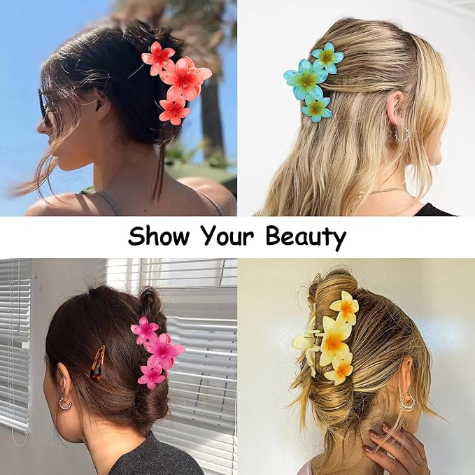Flower Hair Claw Clips - 4PCS Glossy Hawaiian Clips for Thick and Thin Hair, Non-Slip Strong Hold Hair Accessories for Women and Girls