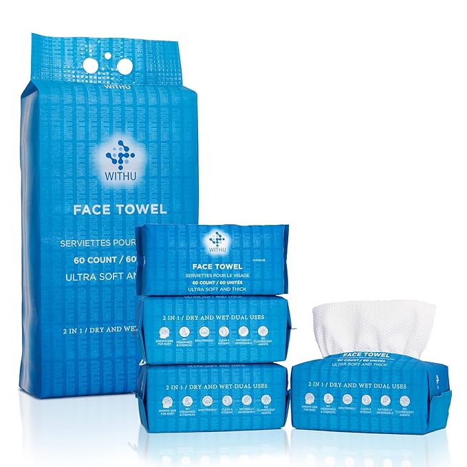 WITHU Disposable Face Towels – Ultra-Soft Biodegradable Face Cleansing Wipe, Makeup Remover Wipes, Facial Cleansing Cloths, Travel Face Towels, Multi-Use Dry Washcloths for All Skin Types, 240 Count