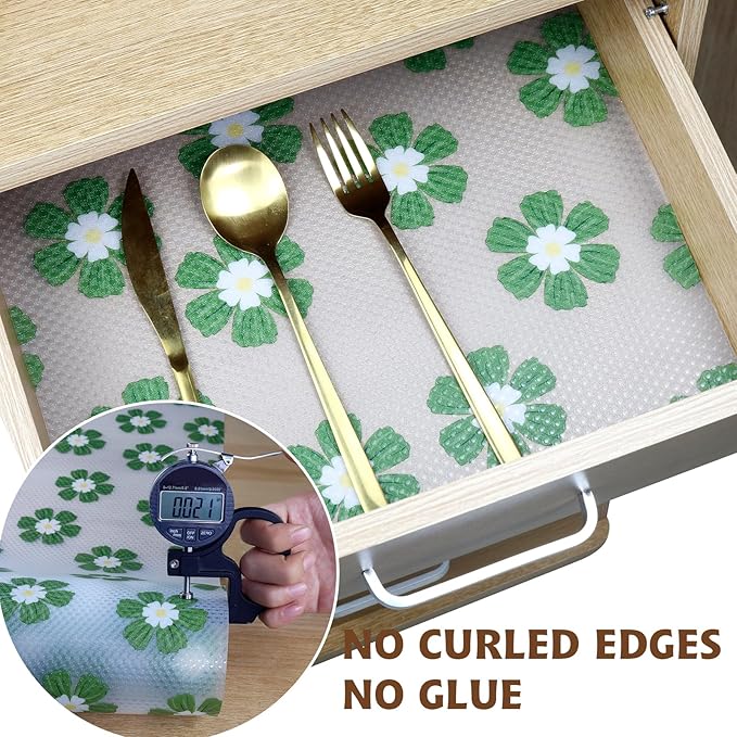 Drawer and Shelf Liner for Kitchen Cabinet,Non-Adhesive Waterproof EVA Drawer Liner for Dresser & Bathroom Vanities with Cutting Tool(12 in X 20 Ft Green Chrysanthemum)