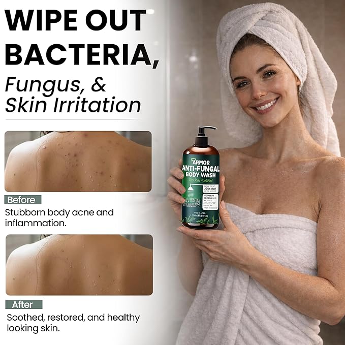 Antifungal Body Wash with Tea Tree Oil | Antifungal Soap for Back Acne,Treats Ringworm, Eczema & Jock Itch | Antifungal Body Soap For Men And Women | Includes Silicon Scrubber (16.9 oz)