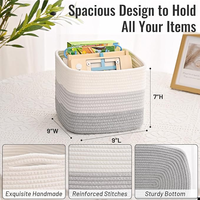 3 Pack Cube Storage Bin, 9”x9”x7” Cotton Rope Woven Baskets for Organizing Toys Clothes Towels, Square Gift Storage Baskets for Shelf, Nursery, Closet, Bathroom, Pantry (3-Tone Gray)