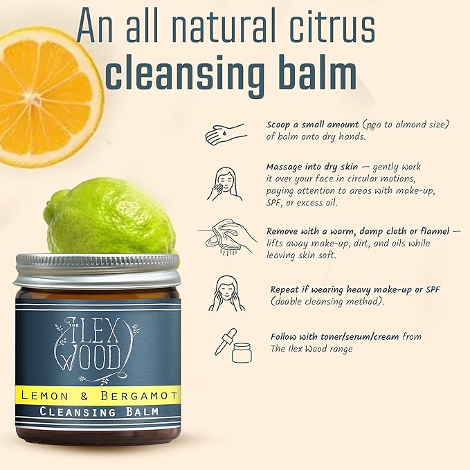 Lemon and Bergamot Cleansing Balm - Face Care Cleansing, Moisturising and Make up Remover. 100% Natural, Vegan, Cruelty Free, Plastic Free - 60ml (2.03 fl oz)