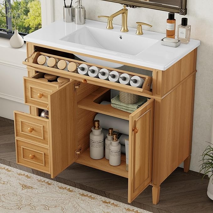 Harper & Bright Designs 36" Bathroom Vanity with Sink, Free Standing Single Basin Vanity Set with Tip-Out Drawer, 2 Drawers, and 2 Doors, Wood Bathroom Cabinet with Ceramic Basin for Bathroom, Wood