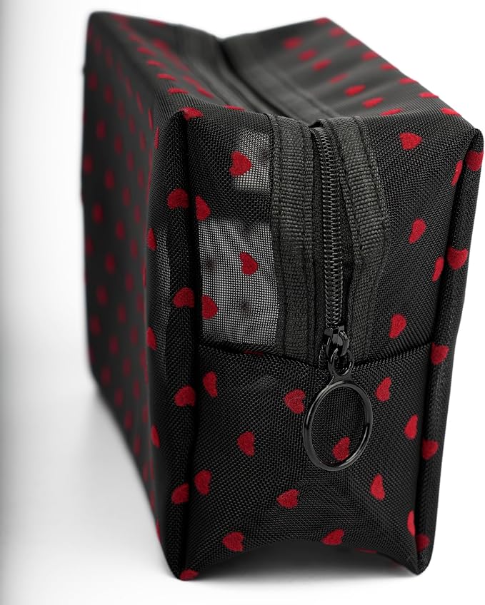 Portable Mesh Makeup Bag with Zipper Small Travel Toiletry Bag Lightweight Cosmetic Pouch (Black Square Red Heart)