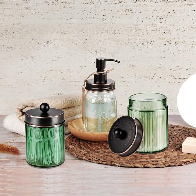 Amolliar Sage Green Apothecary Glass Jar With Metal Lid & Stickers, Bathroom Qtip Holder Storage Canister, Farmhouse Decor for Cotton Balls, Cotton Swabs, Makeup Pads, Bath Salt, Floss,ORB 1 Pack