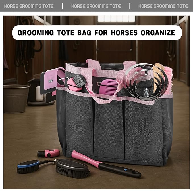 Abbylike Grooming Tote Bag for Horses and Dogs Organize Tack Tools Equestrian Grooming Kit Care Portable with Multiple Pockets for Supplies(Vintage,15 x 12 x 5.5 Inch,Grey and Pink)