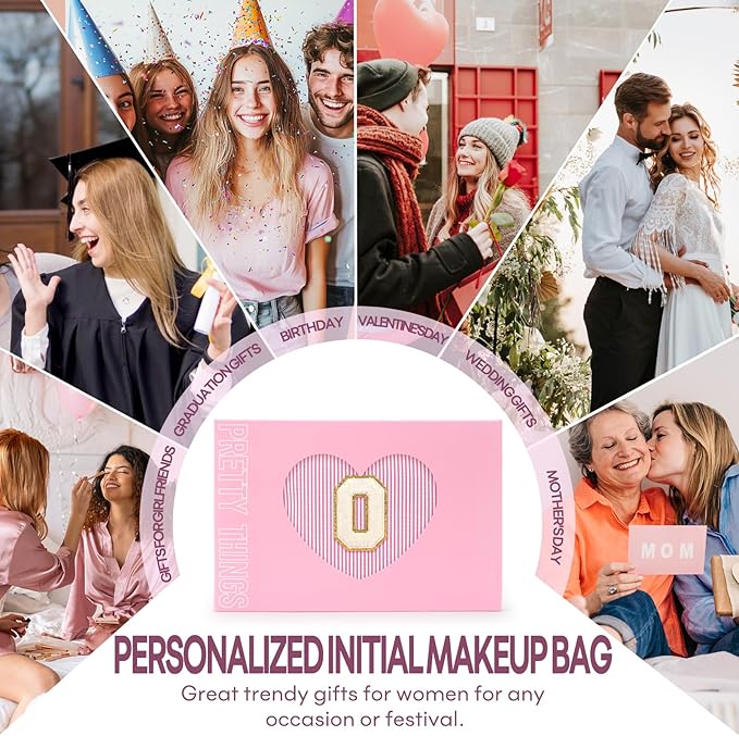 2 PCS Initial Makeup Bags for Women: Cosmetic Bag for Travel Toiletry - Birthday Gifts for 11 12 13 14 15 16 17 18 Years Old Girl Graduation Teacher Gift- Teen Girl Gifts Trendy Stuff - Pink O