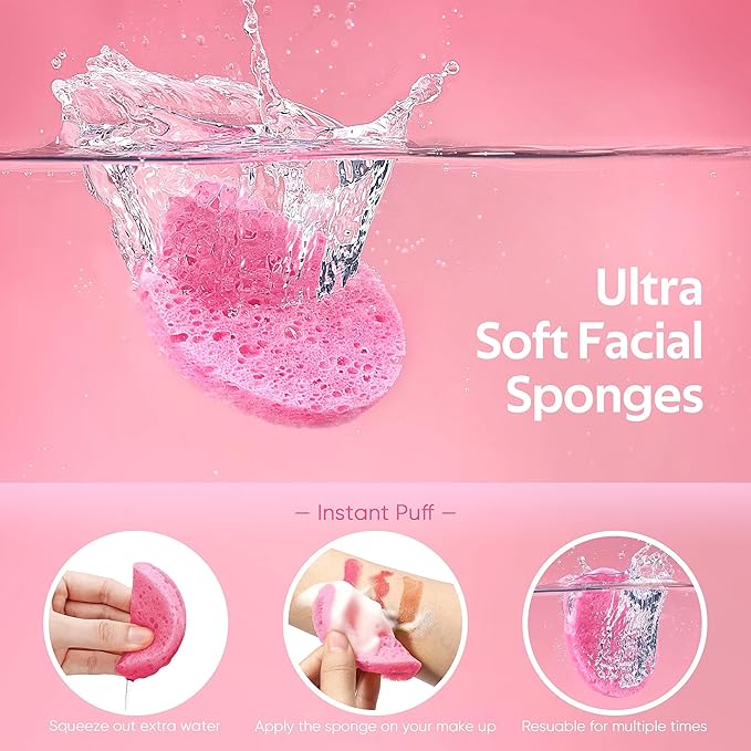 GAINWELL 50-Count Compressed Facial Sponges with Storage Container, for Facial Cleansing, Reusable Makeup Remover, Portable, Suitable for Travel, Pink